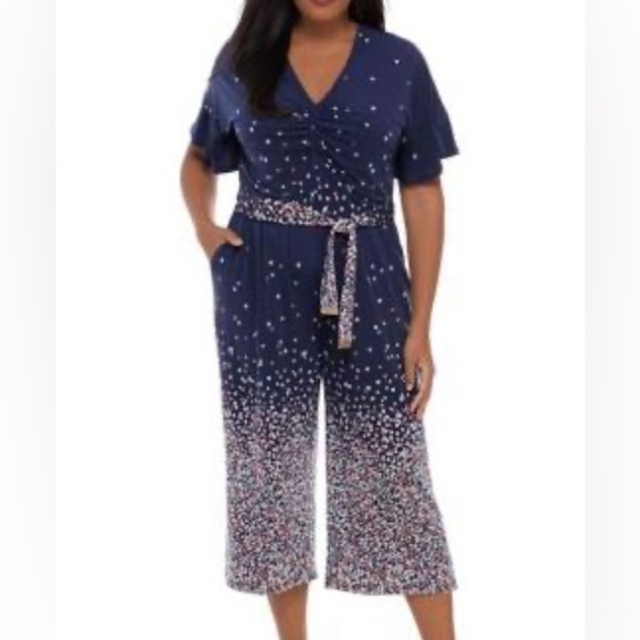 MICHAEL KORS Belted Floral Bell Sleeve V Neck Wide Leg Evening Jumpsuit Size 3X - Picture 1 of 9